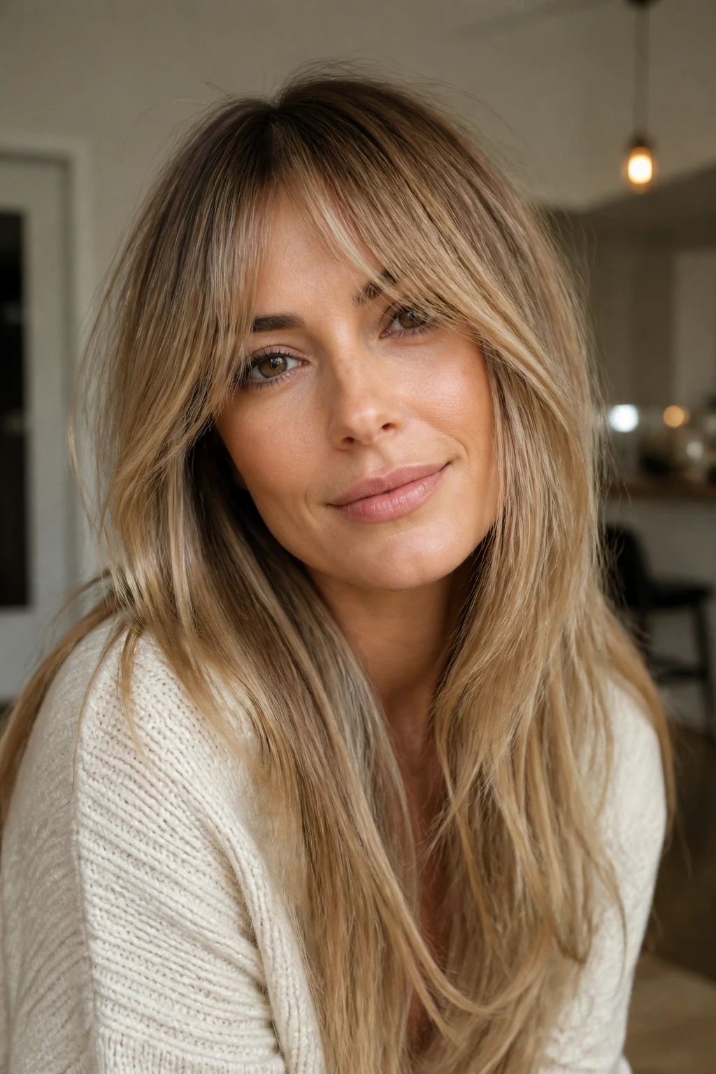 Portrait of a real woman with full-looking long bangs for fine hair in natural light