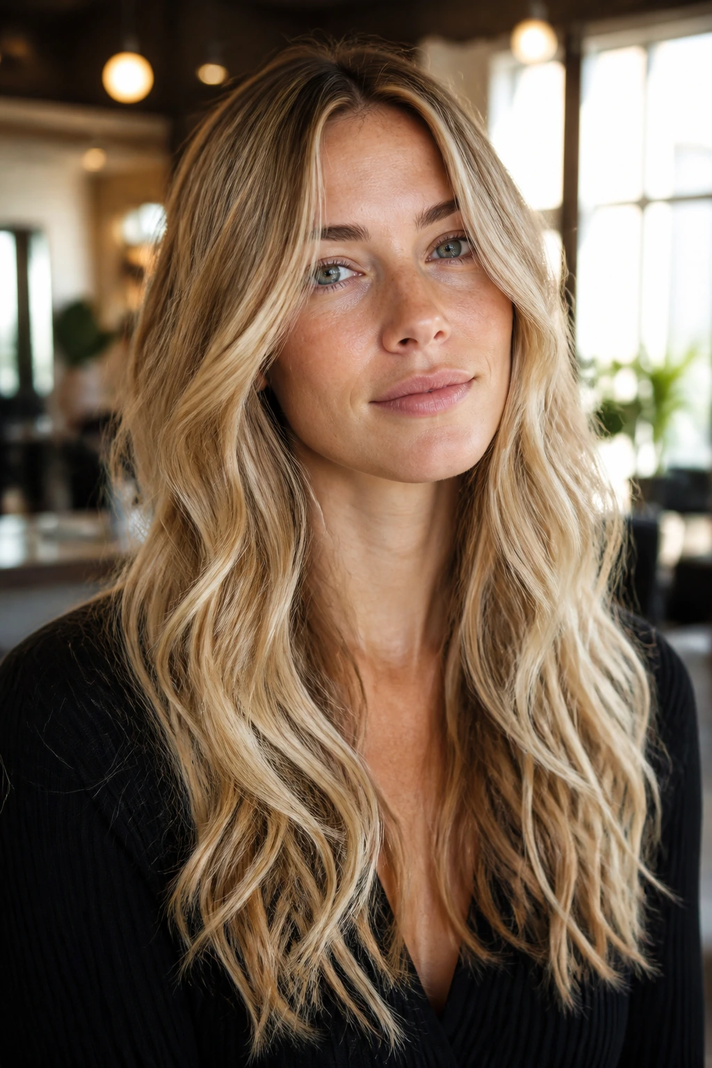 Close-up of a real woman's fine hair with long layers and beachy waves.