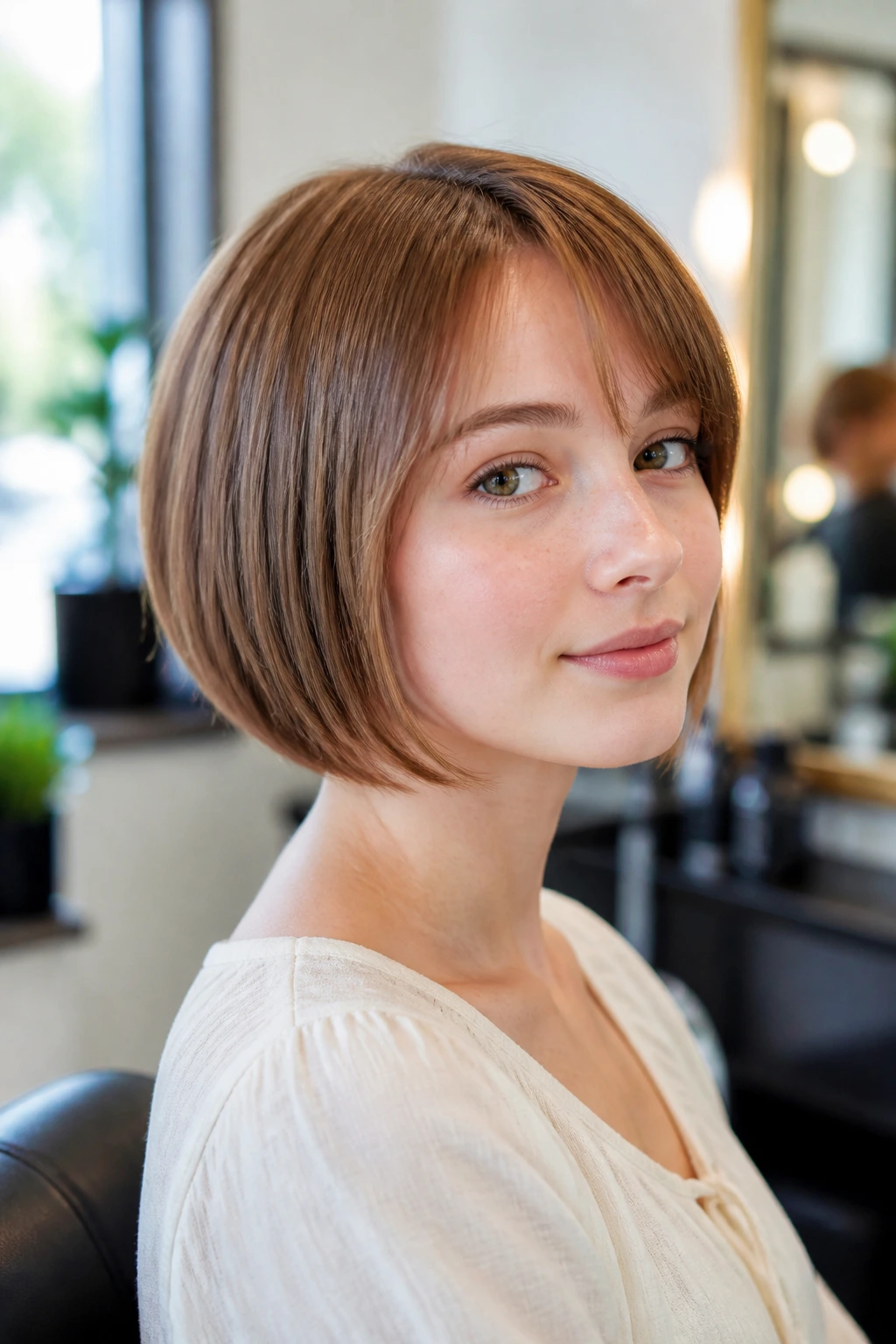Close-up portrait of a real girl with a short blunt haircut enhancing fine hair fullness in a salon.