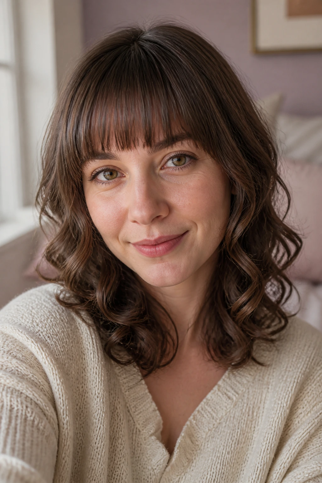 Close-up of a woman with fine hair and a lightweight blunt fringe