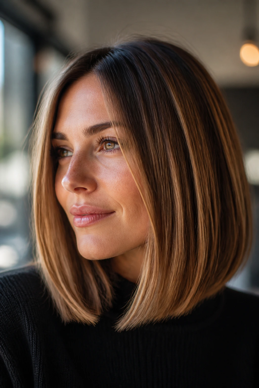 Close-up portrait of a real woman with fine hair showing blunt hem and caramel highlights.