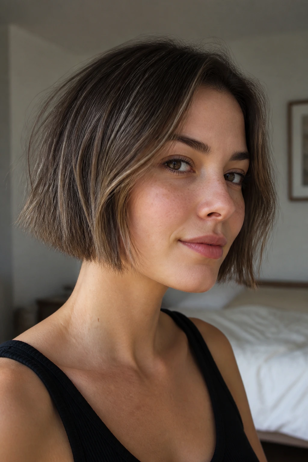 Close-up of a real woman with a blunt jaw-length bob on fine hair, warm window light.