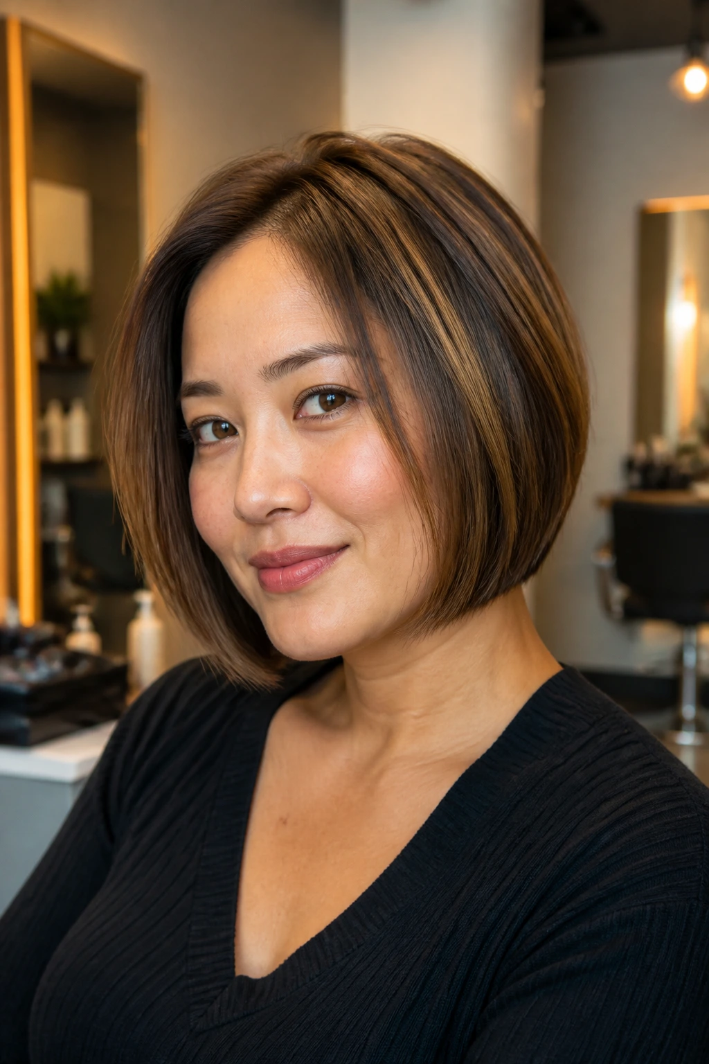 Real woman with a bob haircut and caramel highlights in warm salon light