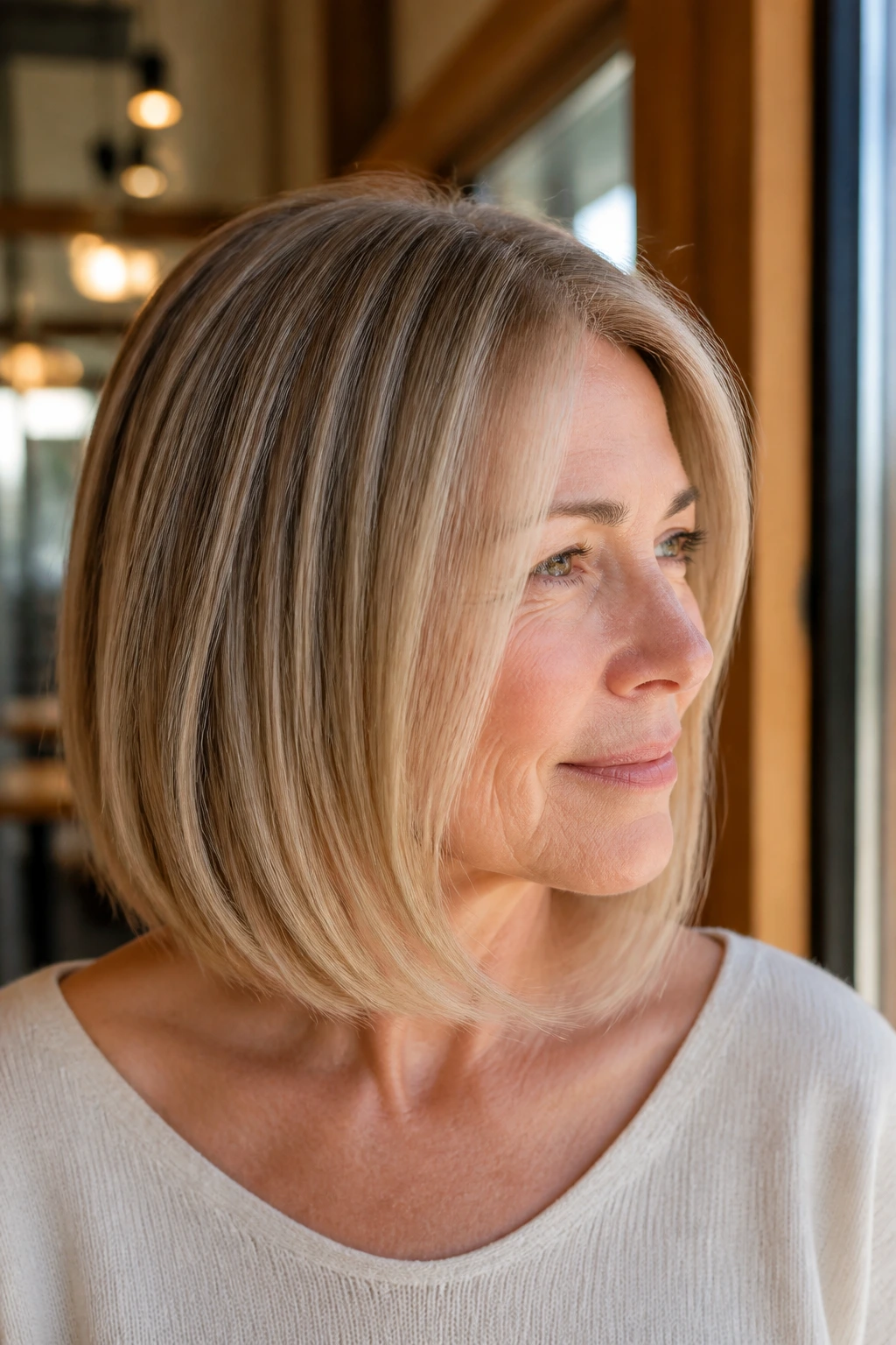 Close-up of real woman with fine-hair bob and micro babylights in warm salon light