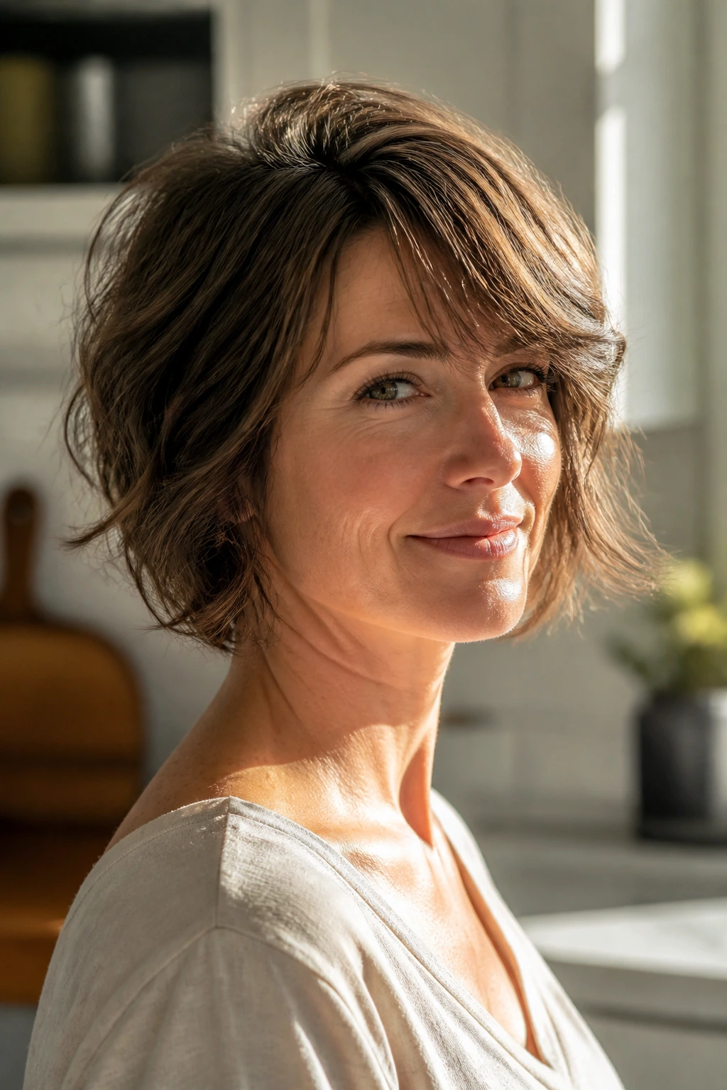 Portrait of a real woman with a fine-hair bob and root lift