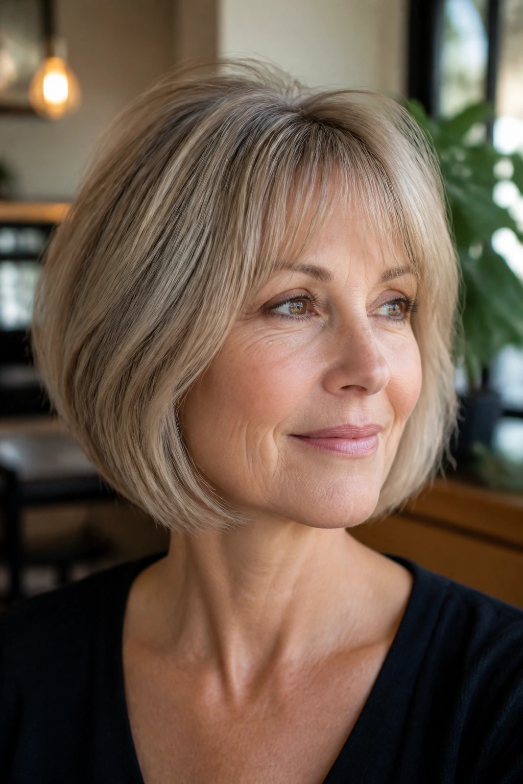 Real woman with fine hair bob featuring root lift and wispy bangs