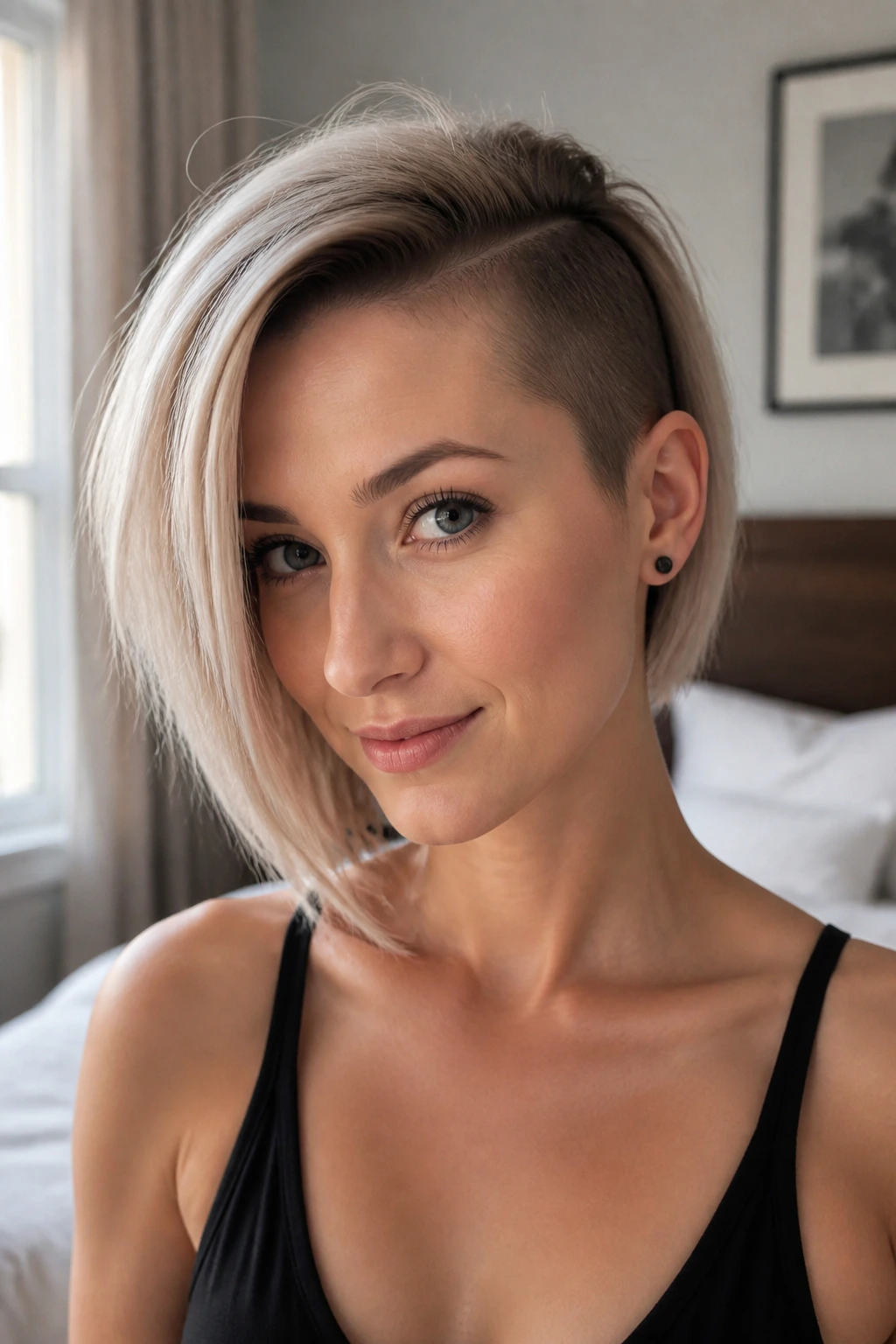 Close-up of a real woman with Fine-Hair Side Sweep Bob highlighting minimal layering and side-shaved detail