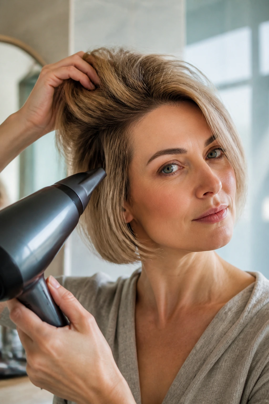 Real woman with fine-hair bob during styling process.