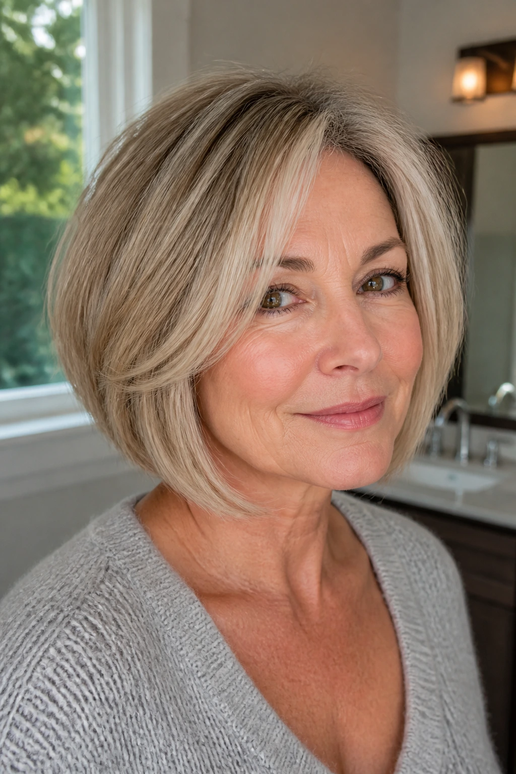 Close-up portrait of a real woman with a fine-hair bob showing perimeter fullness and lift