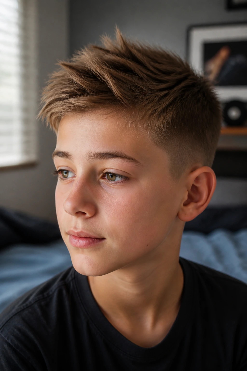 Close-up portrait of a real boy with fine hair texture and lift in warm bedroom light