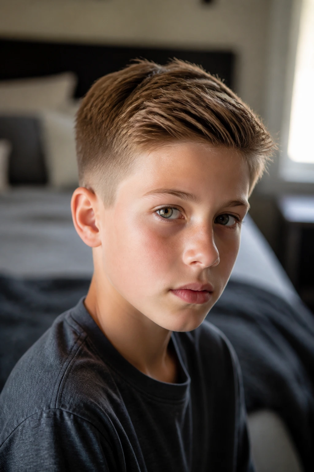 Close-up portrait of a boy with fine hair neatly styled to hold shape between haircuts in warm bedroom light