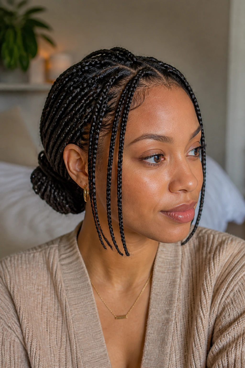 Close-up of real woman with shoulder-length box braids in natural light