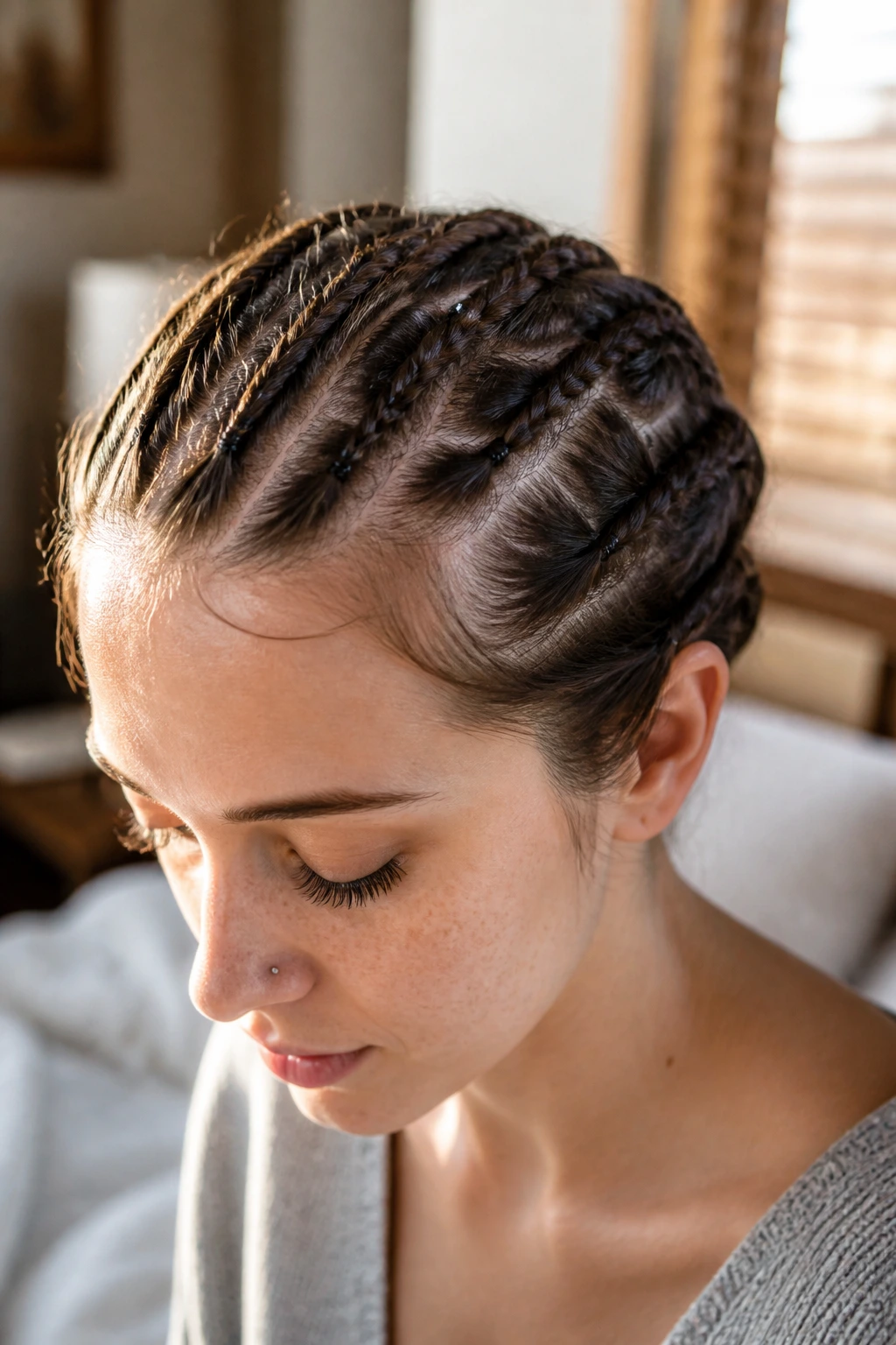 Close-up of a real woman with tiny braids along the hairline on fine hair