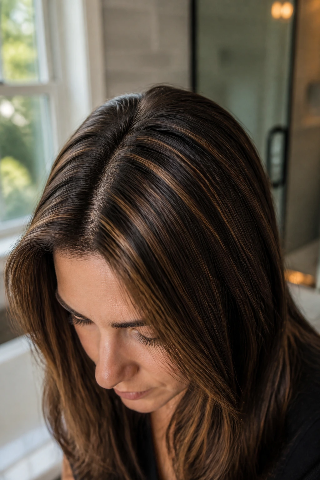 Close-up portrait of a person with fine hair and bronze depth in a morning-lit bathroom