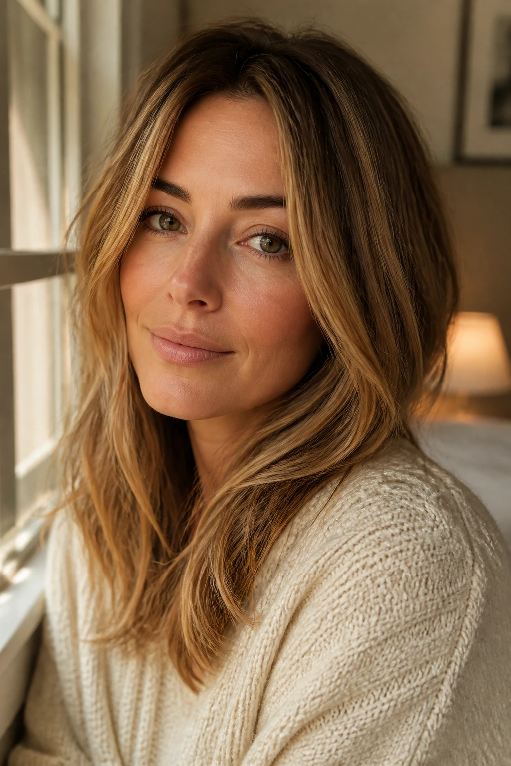 Close-up of a real woman's fine hair with caramel highlights around the face.