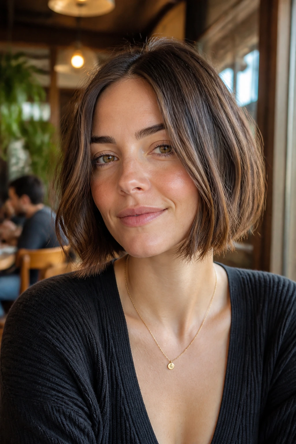 Close-up portrait of a real woman with Fine-Hair Center Bob showing a blunt edge and neat center part