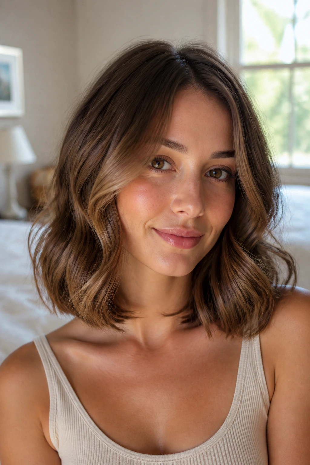 Close-up of a real woman's fine hair in a collarbone-length lob with natural window light.