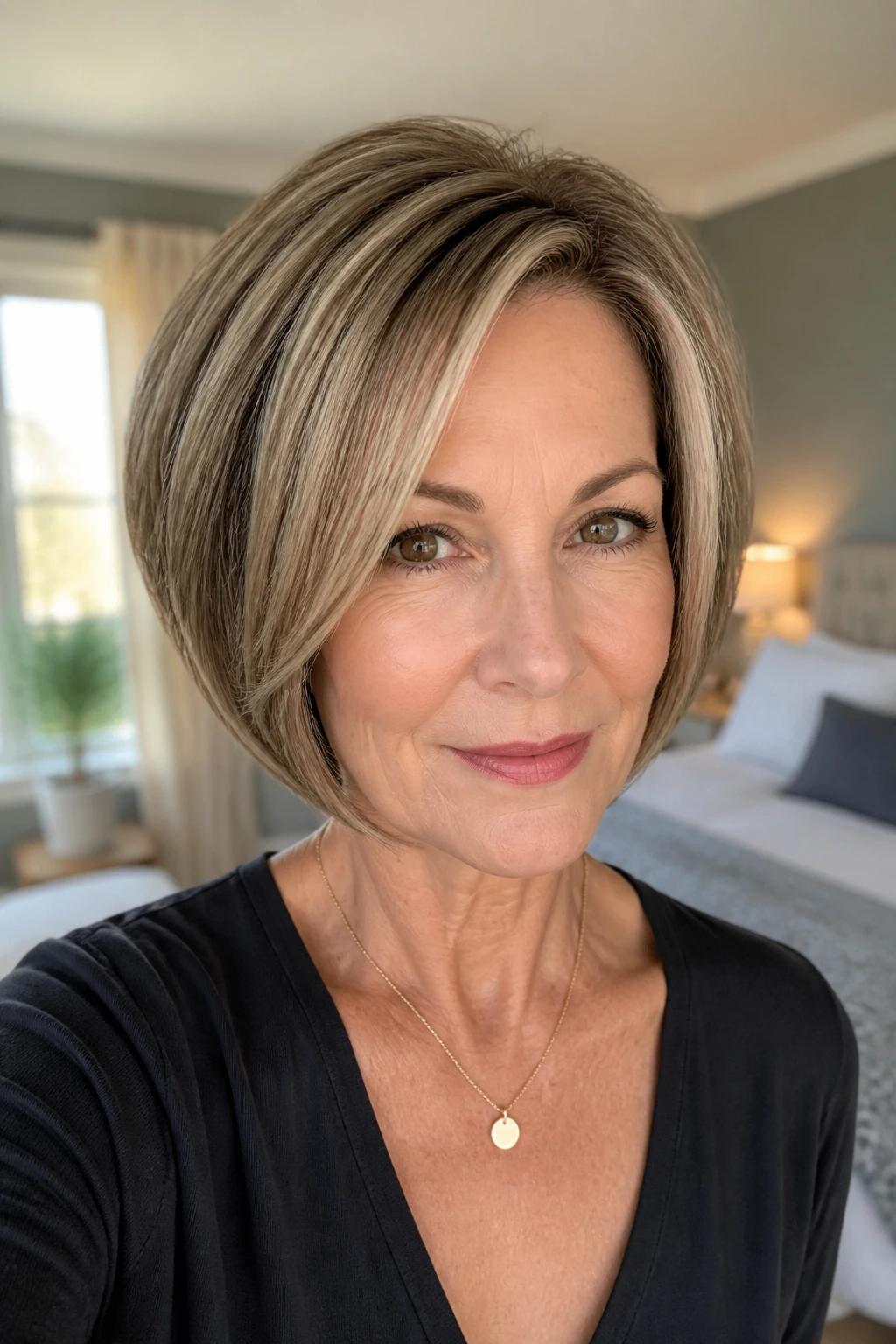 Close-up of a real woman with fine hair showing dimensional color with lowlights and highlights.