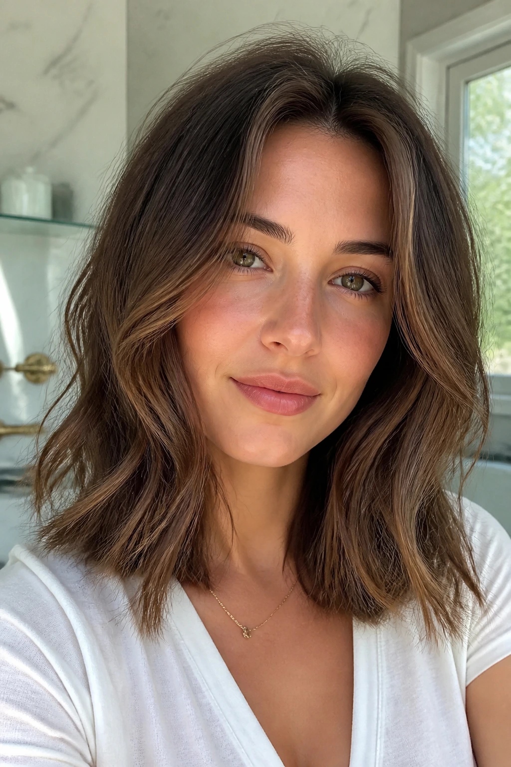 Close-up of a real person showing blunt base, lifted crown, and fuller ends for fine hair.