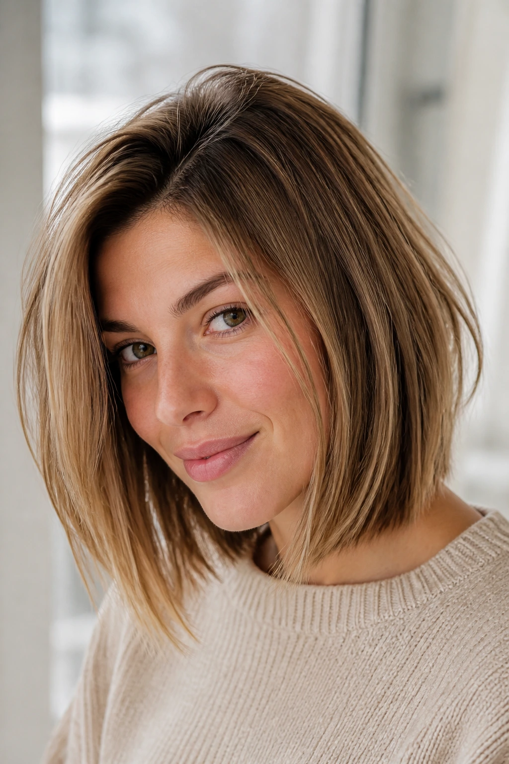 Real woman with fine hair crown-lift lob in natural daylight