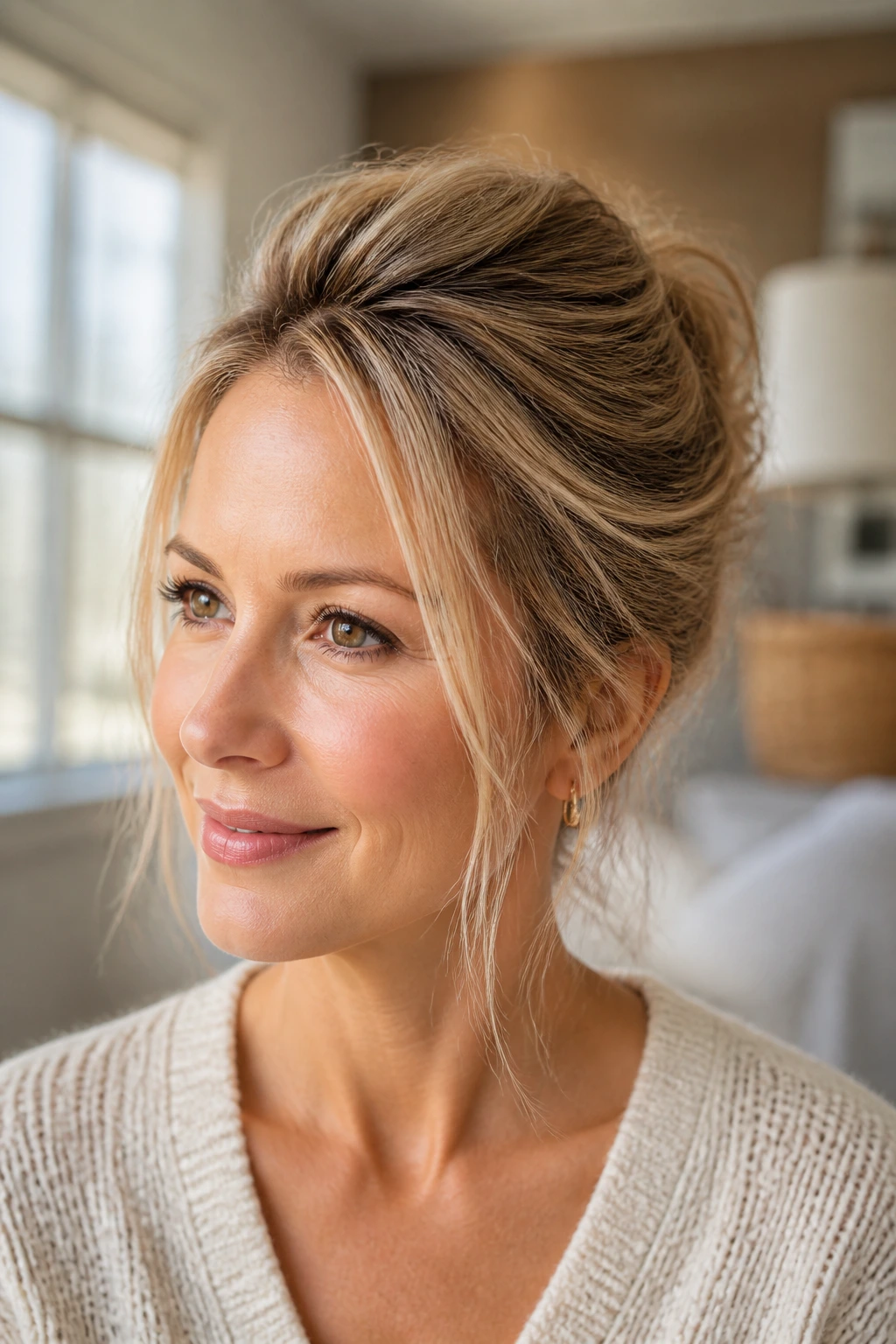 Close-up portrait of a real mother with fine hair showing crown lift at the crown