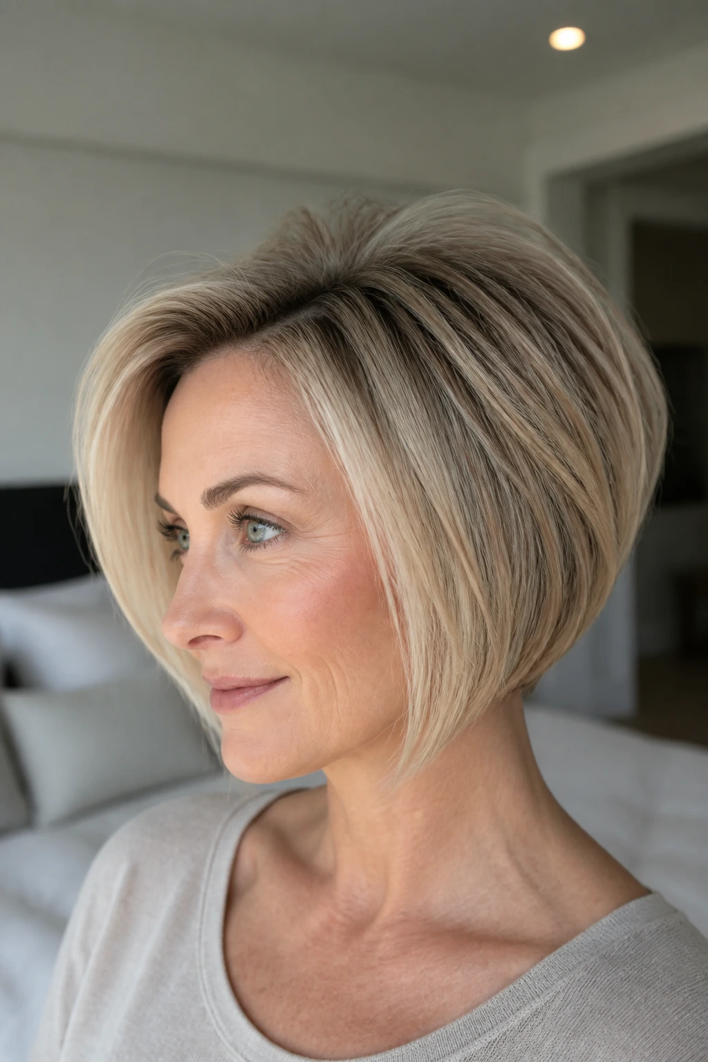 Close-up portrait of a real woman with crown-stacked fine-hair bob in soft daylight