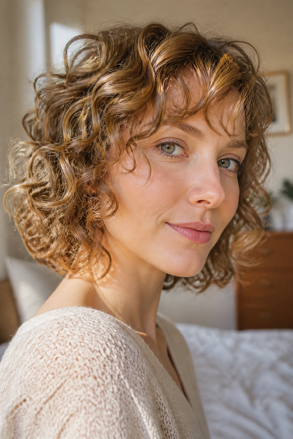 Close-up portrait of a real woman with fine hair styled into small curls under natural window light