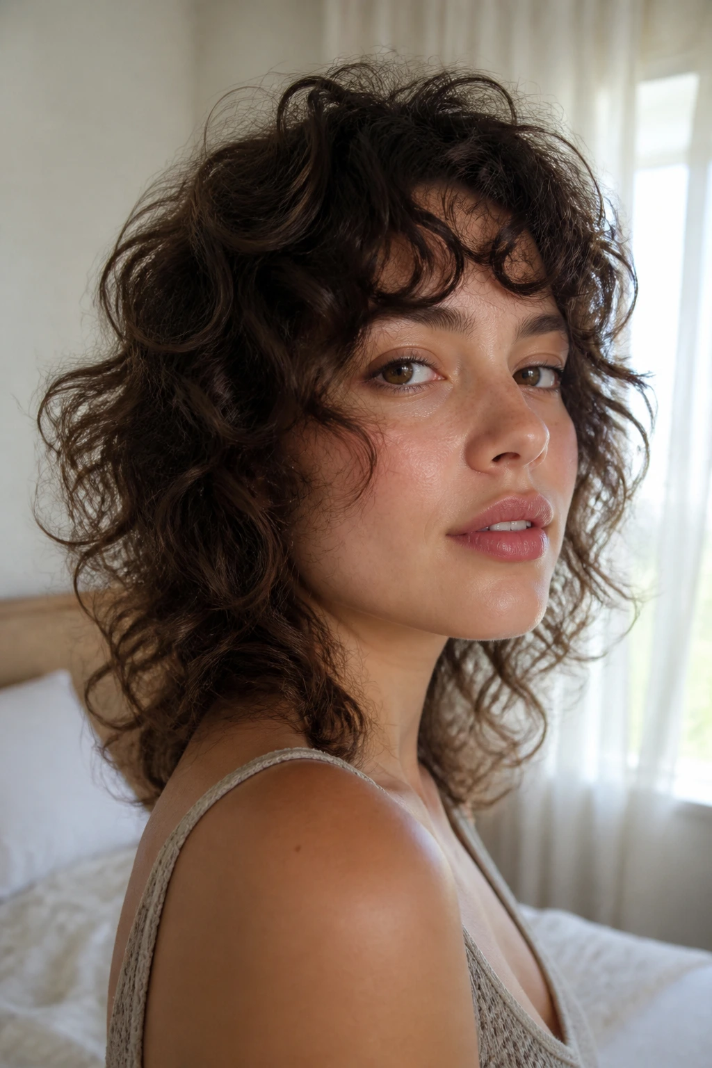 Portrait of a woman with fine-hair curly shag and airy ends