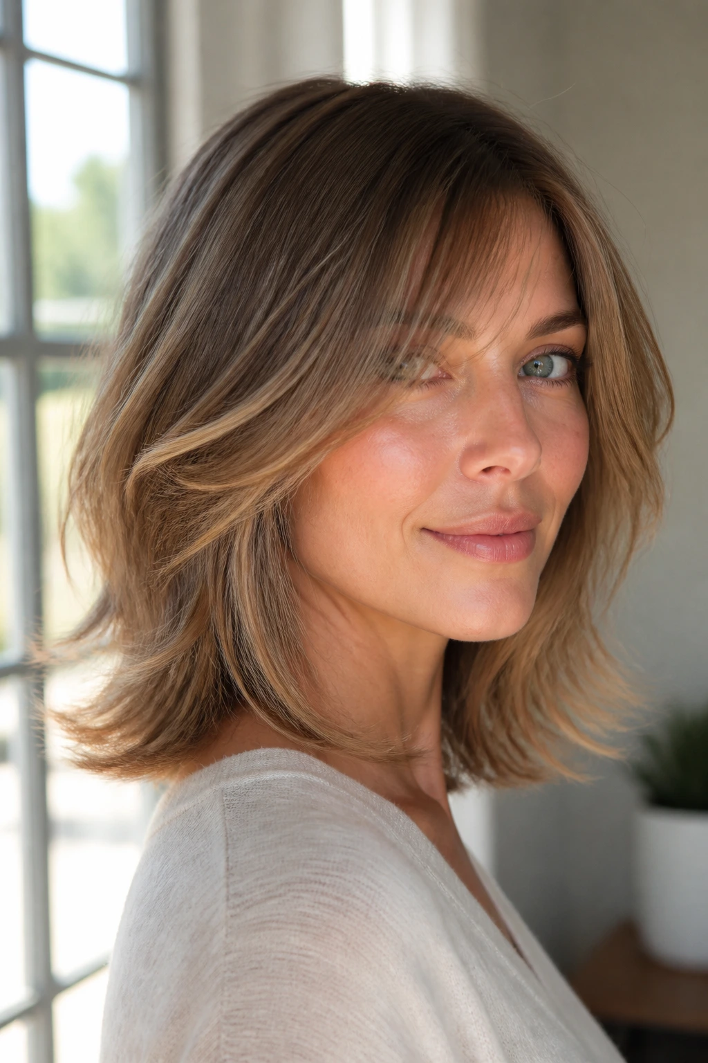 Close-up of a woman with fine hair and full ends in natural window light.