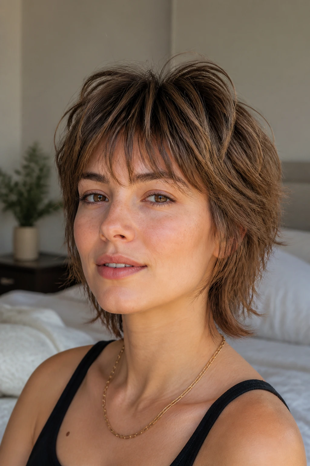 Close-up portrait of a real person with Fine-Hair Feathered Shag showing soft feathered layers