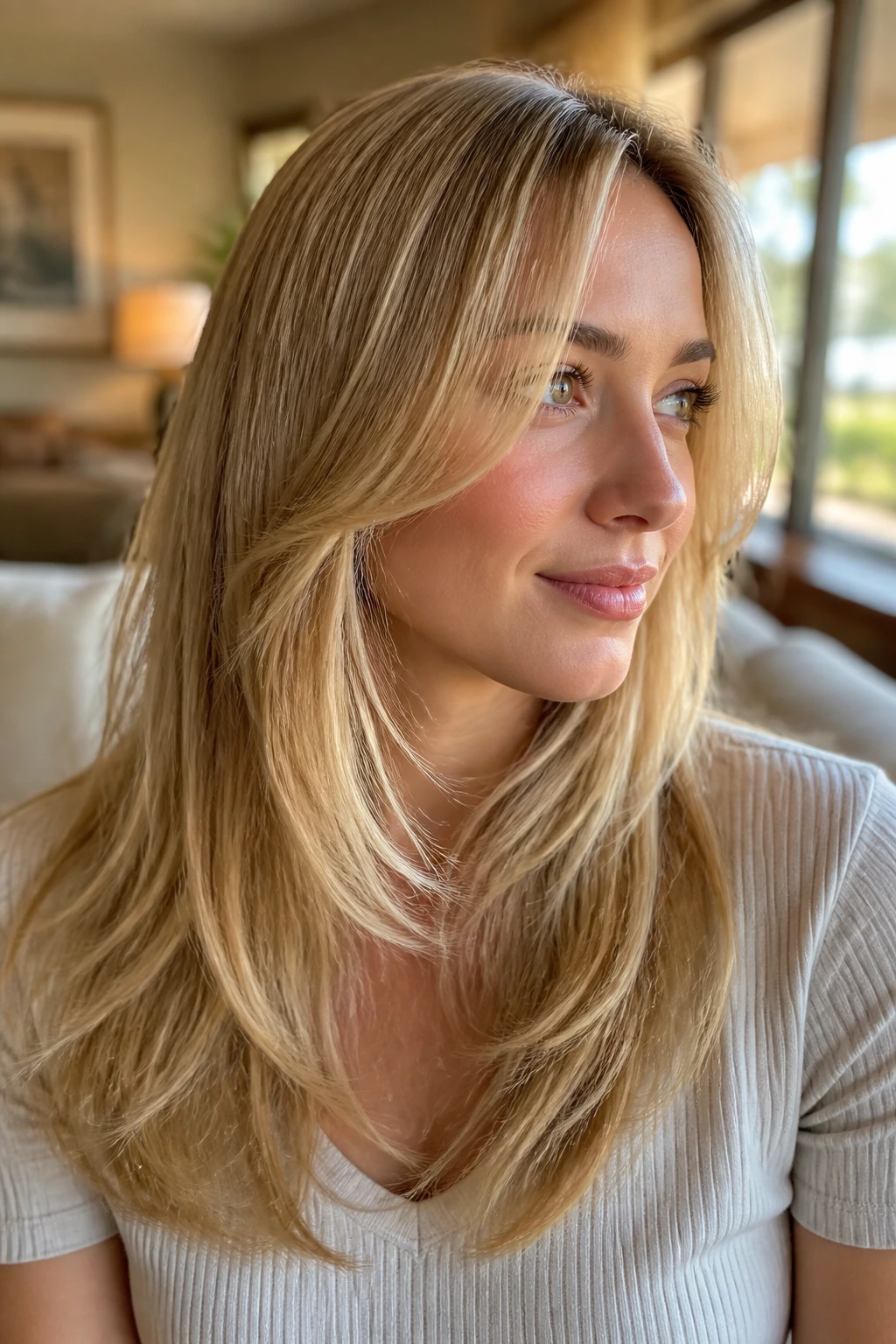 Close-up of a real woman with soft face-framing feathering on fine hair