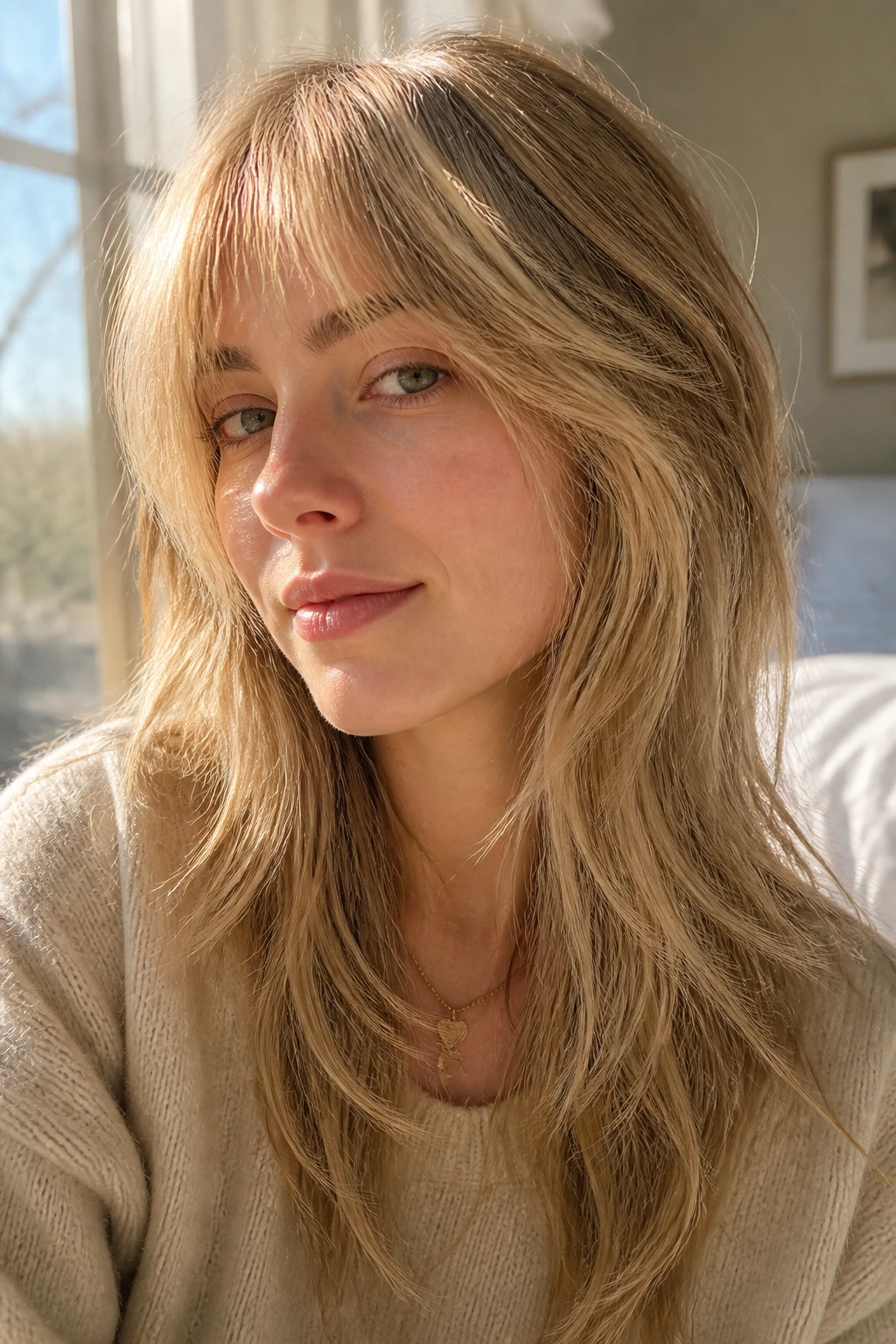 Close-up of a real person with fine hair showing floaty layers and movement in natural light