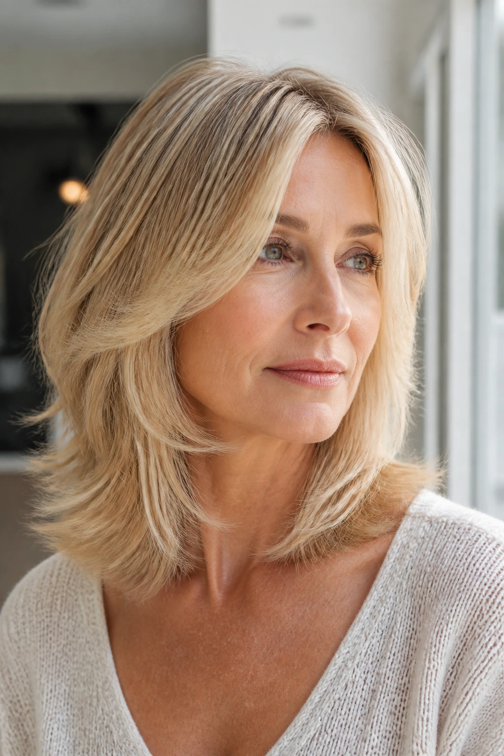 Close-up portrait of fine hair with fluttery feathering at ends