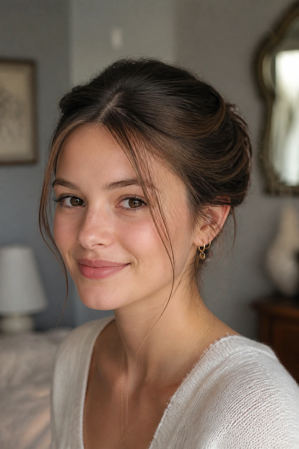 Close-up portrait of a girl with fine hair styled into a crown tuck for French looks.