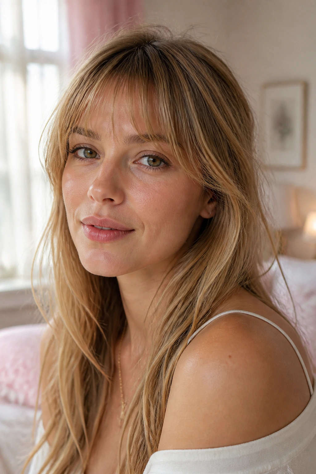 Close-up portrait of a woman with a light airy fringe framing a square face