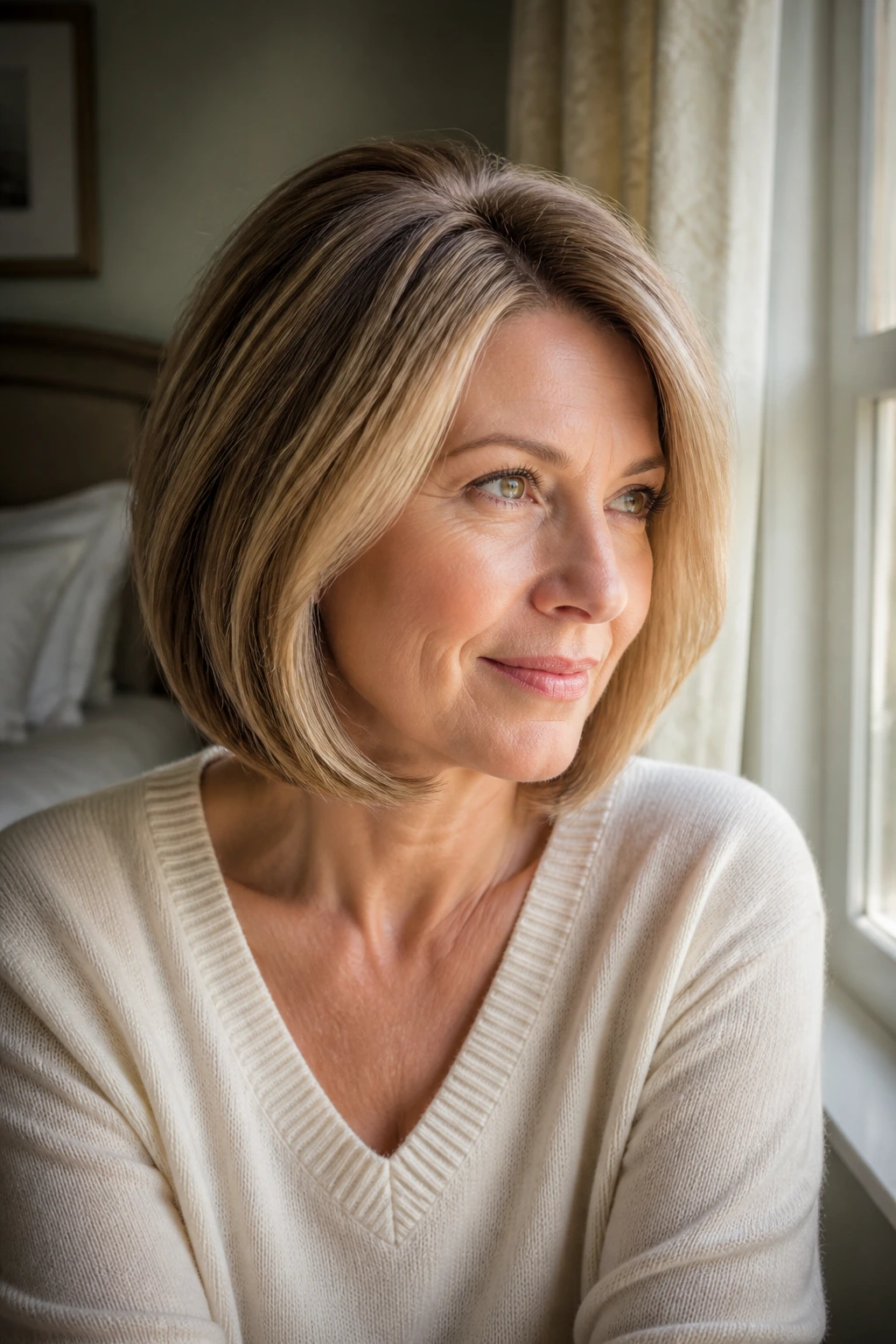 Close-up of a real woman with fuller-looking crown-lifted hair in natural window light