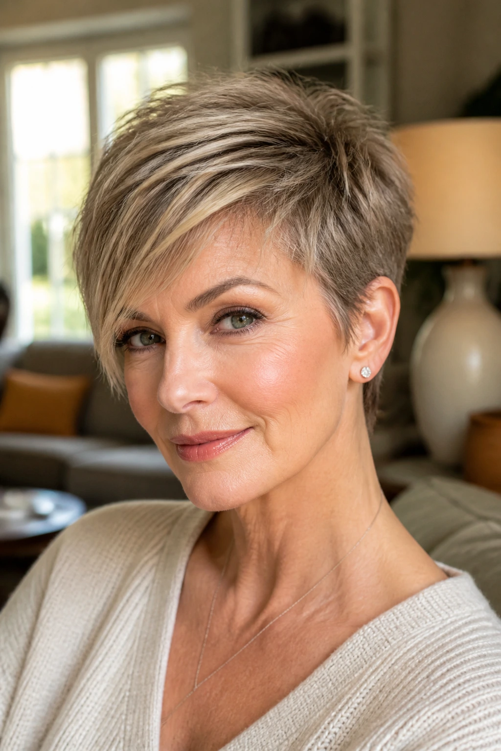 Close-up showing how diagonal side-swept bangs make fine hair appear fuller