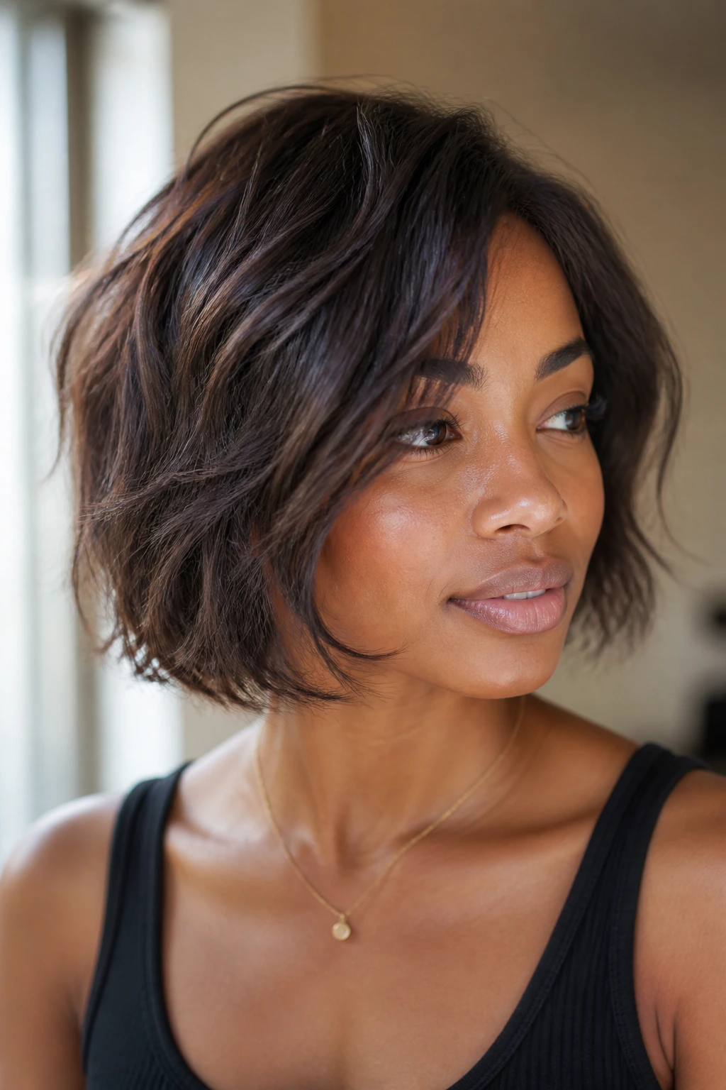 Close-up of a real woman with a softly tousled bob on fine hair, showcasing fullness