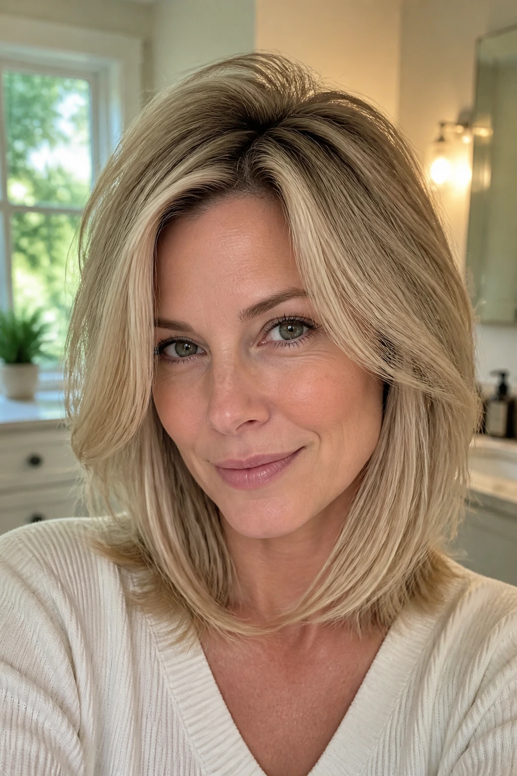 Close-up portrait of a real woman with lifted crown and full, voluminous fine hair