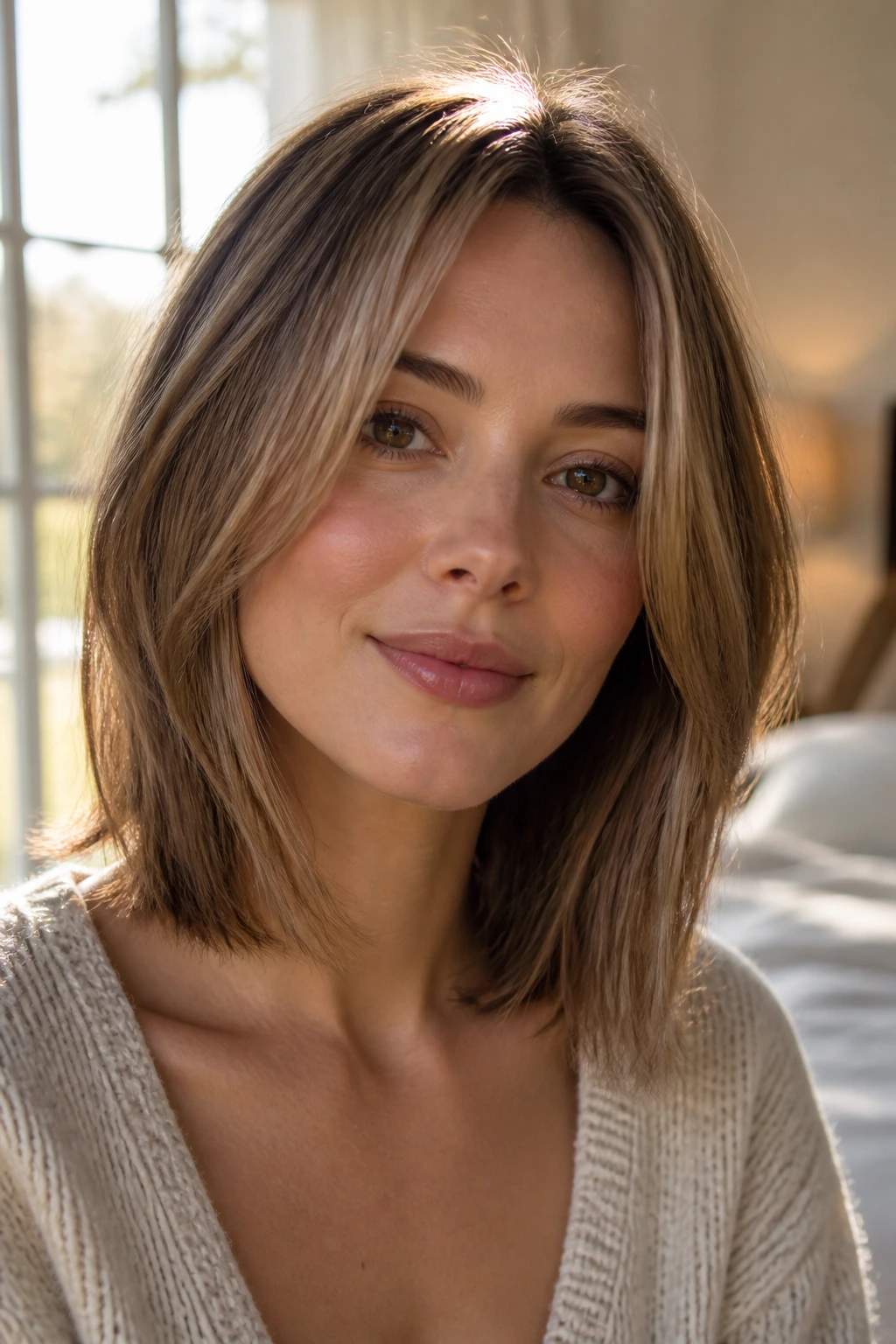 Close-up portrait of a real woman with fine hair and a heart-shaped face, balanced perimeter at jaw and collarbone