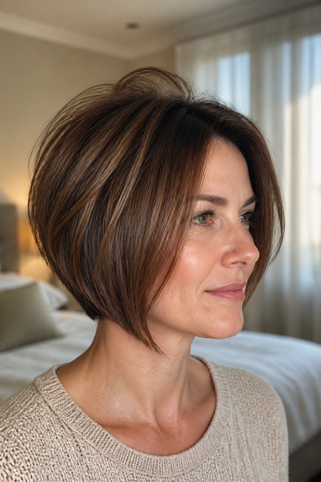 Portrait of a real woman with Fine-Hair Inverted Bob and crown lift with chestnut lowlights.