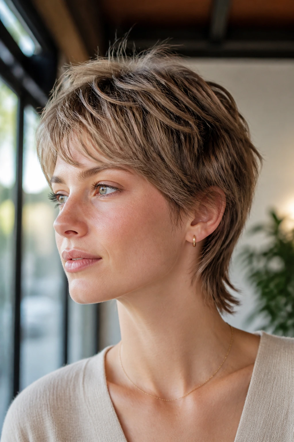 Close-up portrait of a real person with fine-hair layered pixie mullet