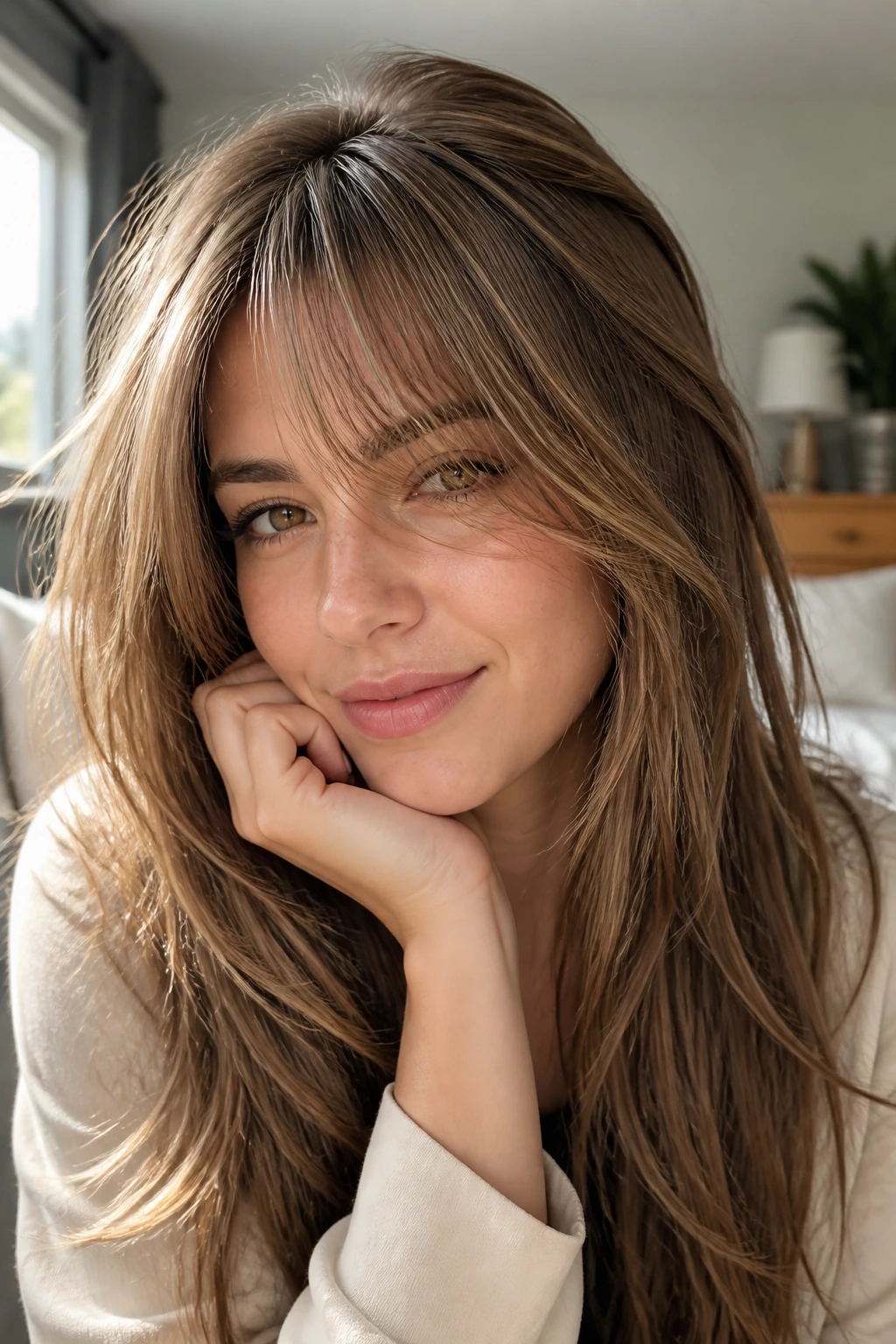 Close-up portrait of a real person with fine layered hair and crown lift