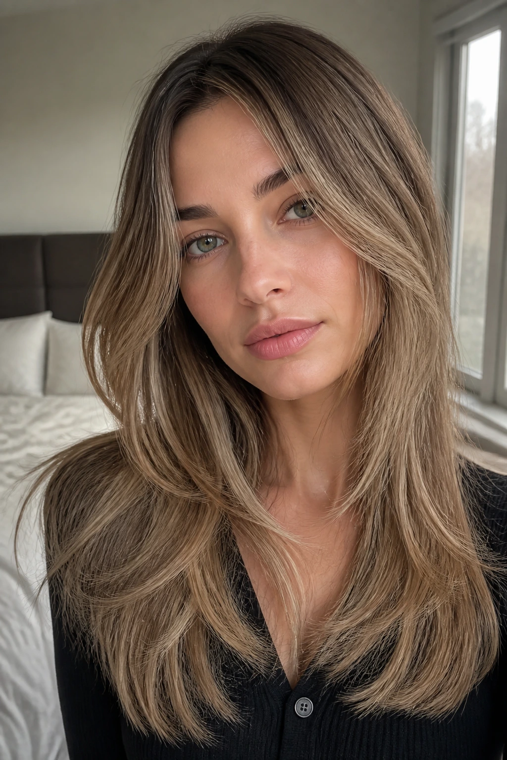 Close-up portrait of a real woman with fine-hair layers and soft motion.