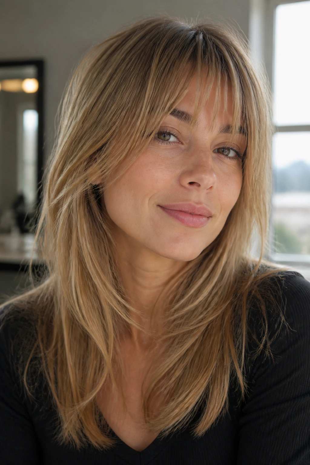 Close-up of a real person with fine hair and light, separated bangs