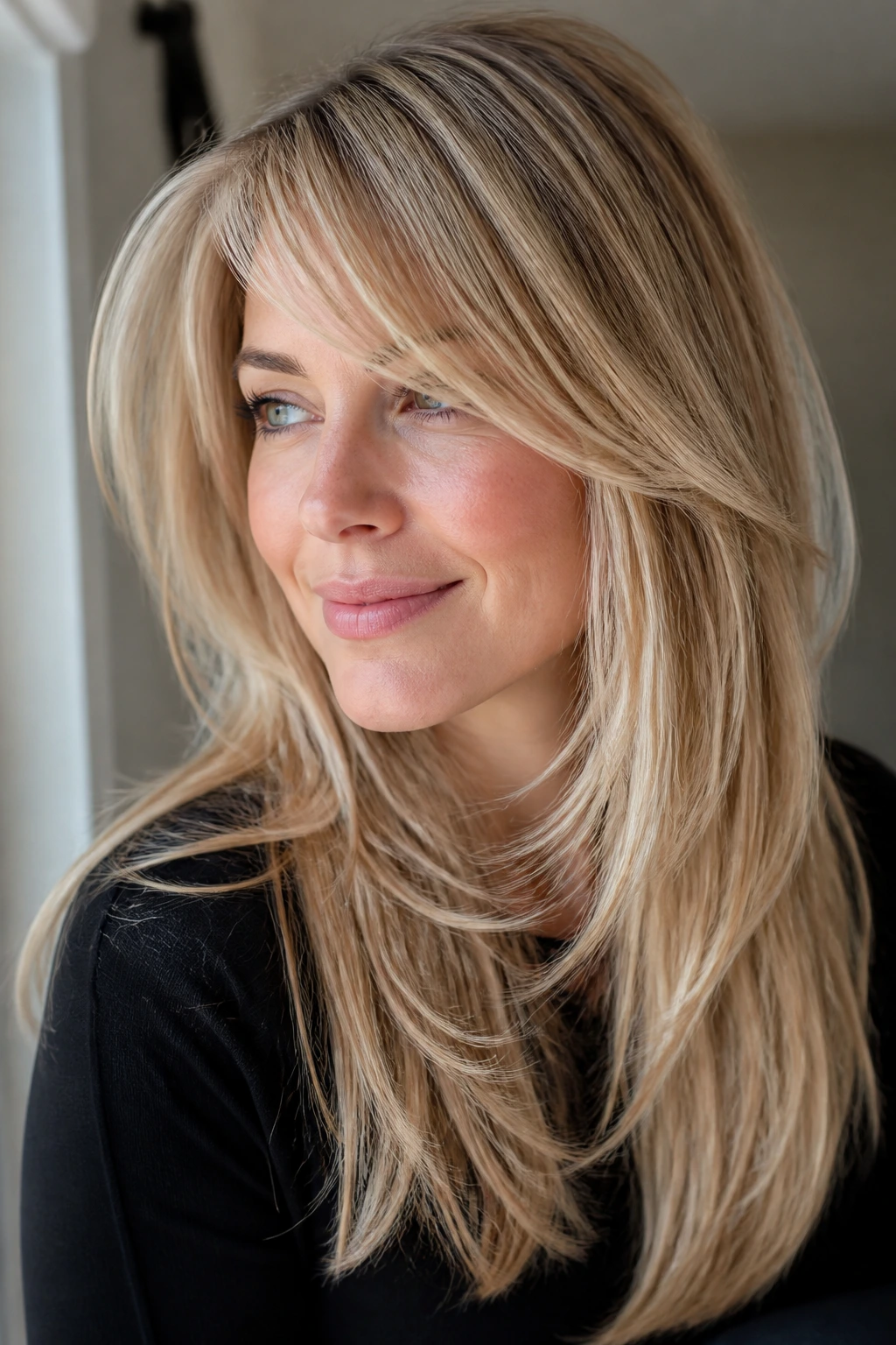Portrait of a real woman with visible layered blonde hair and side-swept bangs