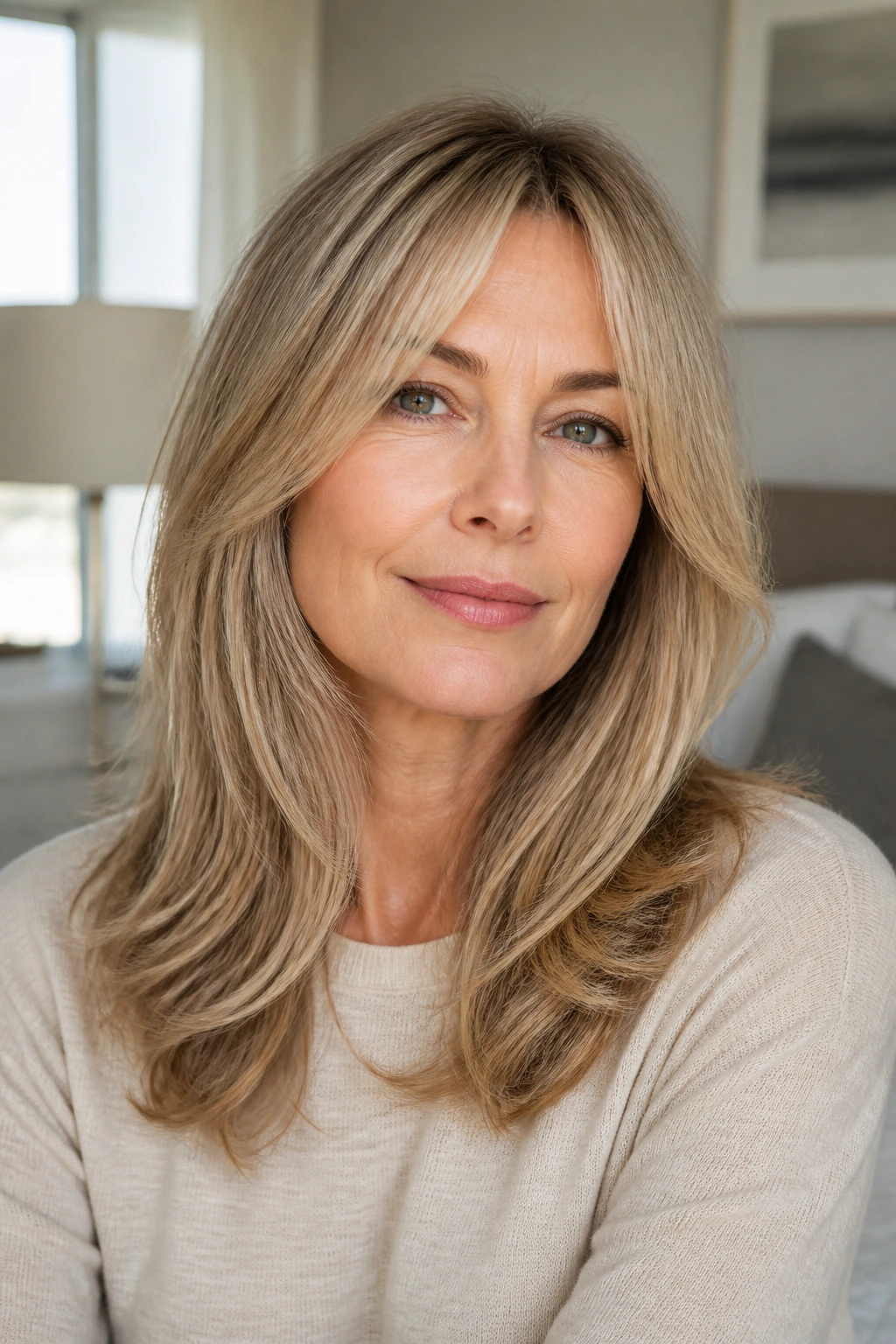 Close-up of a real woman with fine hair showing barely-there layers around the face