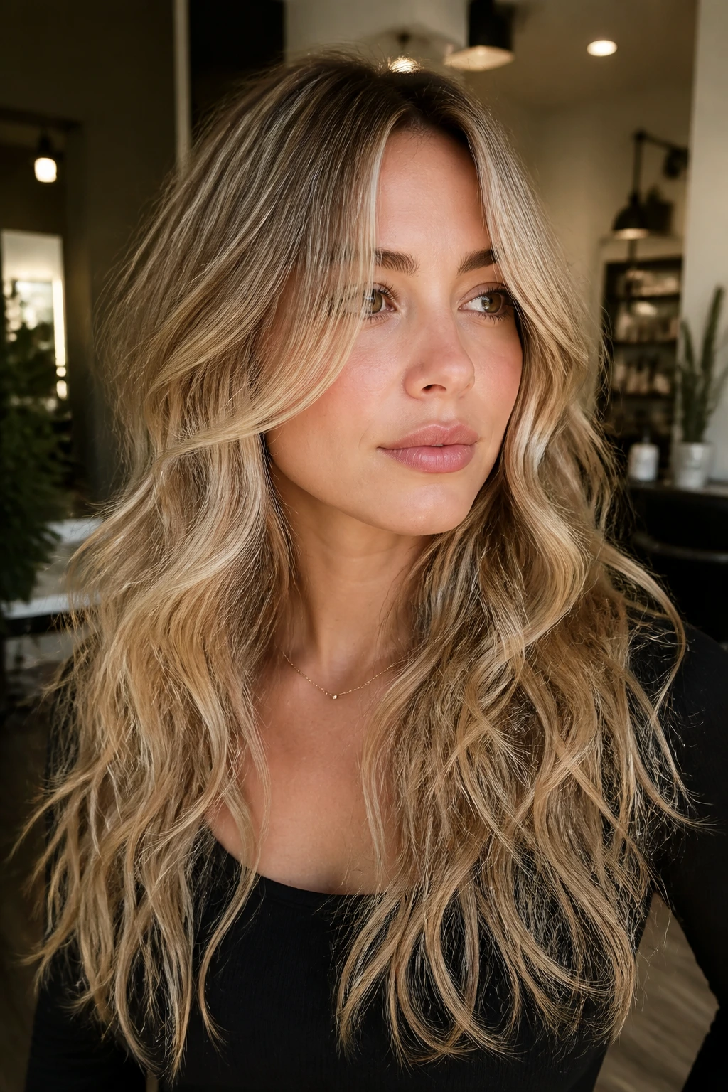 Close-up portrait of fine-haired person with long layered cut