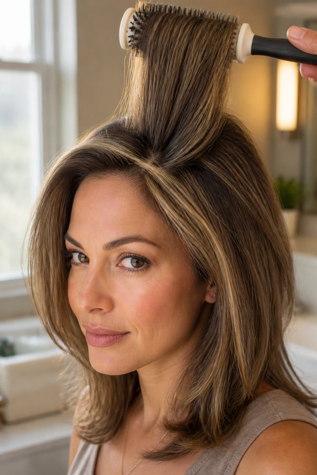 Close-up of a real woman with fine hair styled for lift at the crown in soft bathroom light