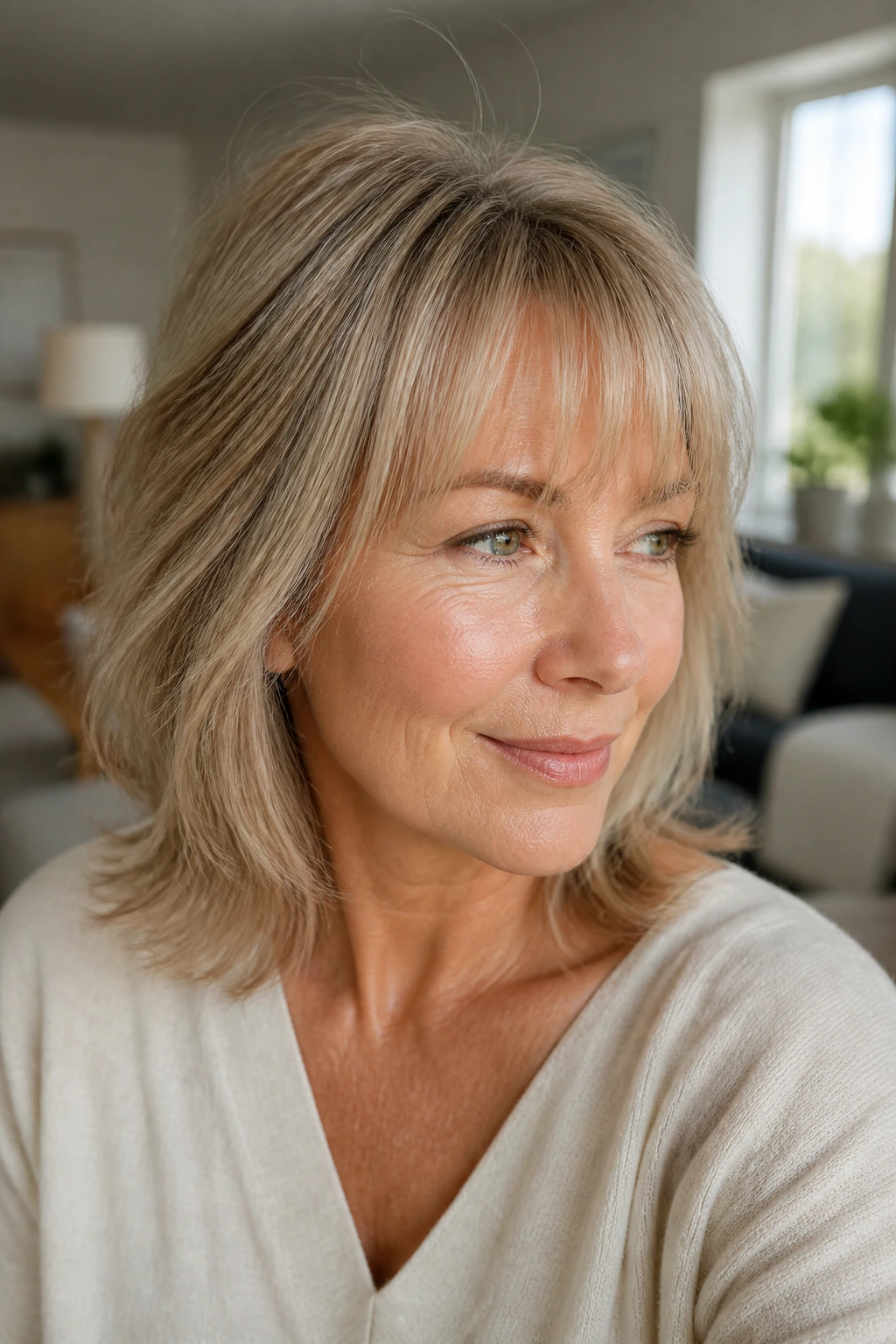 Portrait of a real woman with fine hair showing lift and soft fringe